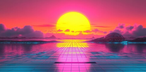 Fototapete - Retrowave style rendering features vibrant sunset ocean and landscape
