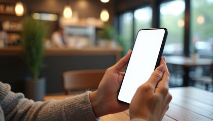 Poster - Woman holds smartphone with white screen mockup in coffee shop. Empty space for advertise text. Person contact, digital marketing, small business. Mobile connect, texting. Online chatting,