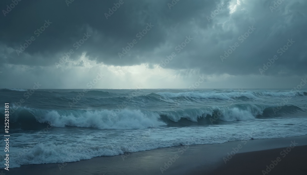 Dark stormy sea with towering waves crashing on beach. Moody sky with ...