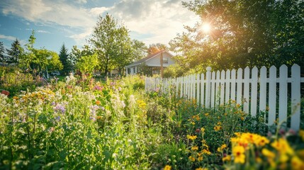 Poster - A cottage-style garden with wildflowers, vegetables, and a picket fence under a sunny sky. 