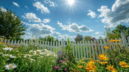 Poster - A cottage-style garden with wildflowers, vegetables, and a picket fence under a sunny sky. 