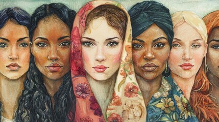 Poster - A creative International Womens Day illustration featuring a diverse group of women from different backgrounds. 