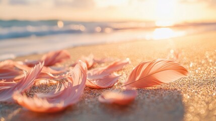 Poster - A creative shot of flamingo feathers scattered on the beach, blending into the sand and sea. 