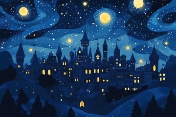 Poster - Nighttime illustration of a castle beneath a starry sky