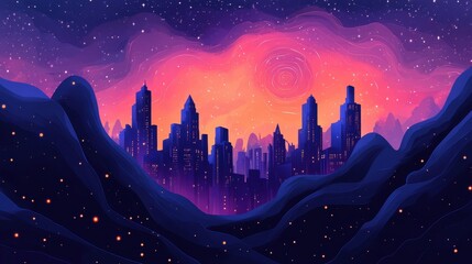 Poster - Illustrated cityscape silhouette against a dreamy star filled sky