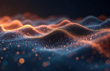 Poster - Illustration of dark gold, silver digital waveform. Metallic dots form abstract wave pattern. Glowing particles, smooth blurred gradient background. Futuristic tech wallpaper, cyberspace concept,