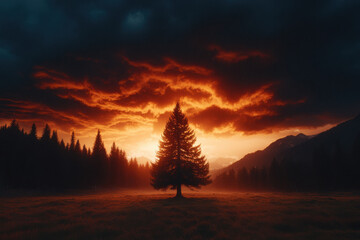 Wall Mural - A tree stands in a field with a cloudy sky in the background