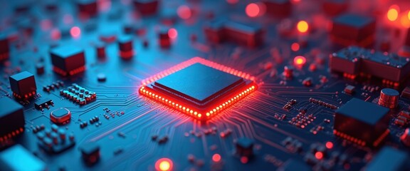 Fototapete - Illustration of illuminated AI chip on technology background with circuit lines. Silicon processor with red neon lights, microchip, futuristic system, innovation, electronic development. Modern