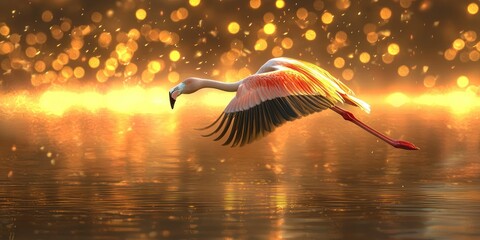 Poster - A flamingo in mid-flight over a reflective lake, surrounded by golden light at dawn.