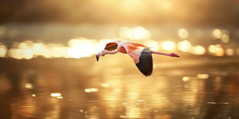 Poster - A flamingo in mid-flight over a reflective lake, surrounded by golden light at dawn. 
