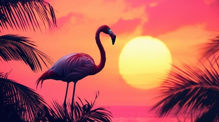 Poster - A flamingo silhouette at sunrise with vibrant orange and pink hues in the background. 