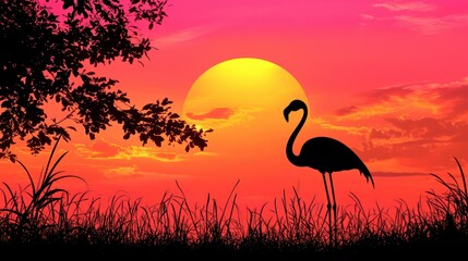 Poster - A flamingo silhouette at sunrise with vibrant orange and pink hues in the background. 