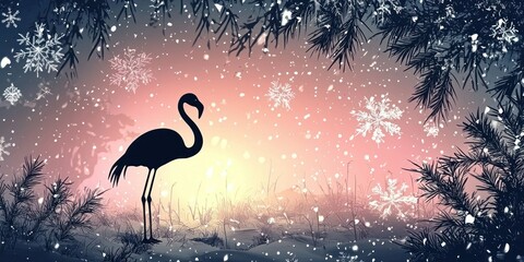 Poster - A flamingo silhouette in a snowy landscape, with snowflakes and holiday cheer elements 