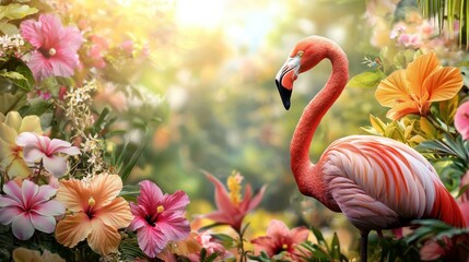 Poster - A flamingo surrounded by tropical flowers like hibiscus and frangipani in a vibrant garden setting. 