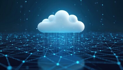Poster - Illustration of cloud and edge computing with cybersecurity on blue background. White cloud above polygon connection backdrop. Shows hybrid migration, data encryption, online privacy in cyberspace.
