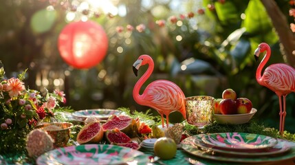 Poster - A fun garden party with flamingo-themed plates, decorations, and bright, festive ambiance. 