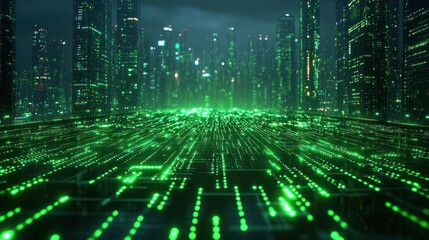 futuristic city, green data stream, night, digital, tech