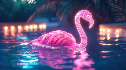 Poster - A glowing neon flamingo floaty, floating in a pool at night with neon lights.