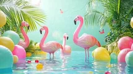 Poster - A group of inflatable flamingos in a tropical pool party setting, surrounded by colorful decor. 