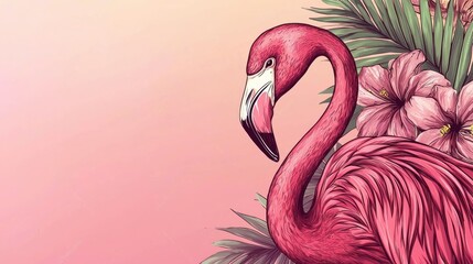 Poster - A hand-drawn flamingo illustration with vibrant pink hues and a tropical flower accent. 