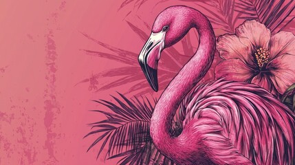 Poster - A hand-drawn flamingo illustration with vibrant pink hues and a tropical flower accent. 