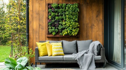 Poster - A home patio with a vertical herb garden on a wooden wall, next to a cozy seating area. 