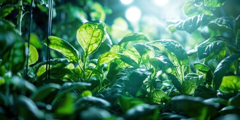 Poster - A hydroponic indoor vegetable garden system with leafy greens growing under bright lights. 