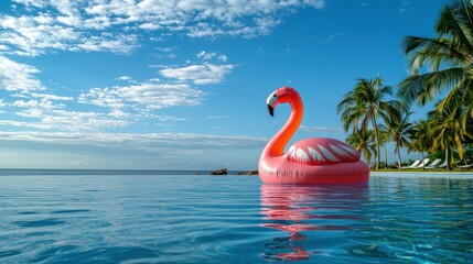 Poster - A large inflatable flamingo floating on a calm swimming pool, with palm trees in the background. 