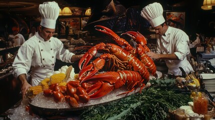 Poster - A large seafood platter featuring lobster displayed at a buffet with chefs arranging the dishes. 