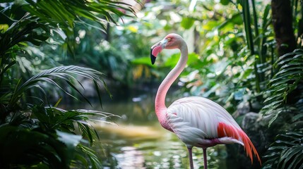 Poster - A lesser flamingo standing gracefully in a wetland area with a pink hue on its feathers.