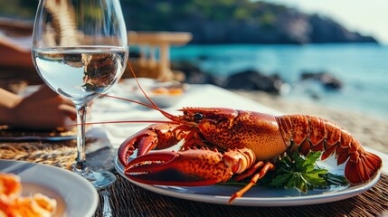 Poster - A lobster being served on a platter in an outdoor dining setup with the sea in the background.