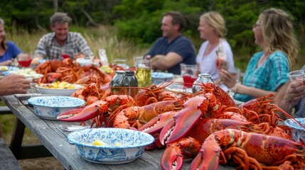 Poster - A lobster feast at a picnic table with friends sharing a lively meal. 