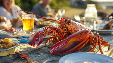 Poster - A lobster feast at a picnic table with friends sharing a lively meal. 