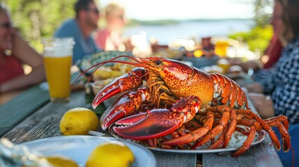 Poster - A lobster feast at a picnic table with friends sharing a lively meal. 