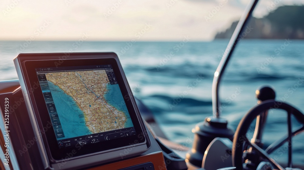 A modern digital sea map displayed on a tablet, placed on a boat ...