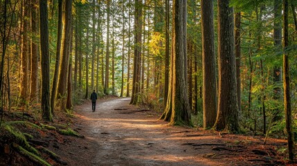 Poster - A lone adventurer walking along a forest path, surrounded by tall trees and natural beauty. 