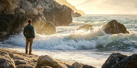 Poster - A lone male traveler standing on a rocky beach, watching the waves crash on the shore.