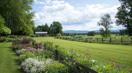 Poster - A lush vegetable garden bordered by flowers, with a wooden fence and a distant farmhouse visible. Stock photo --ar 16:9 --quality 2 --style raw --v 6.1 Job ID: b302957c-3637-4371-8c5f-71b0581167b5
