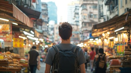 Poster - A man traveling alone through a busy Asian street market, sampling local street food. 