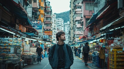 Poster - A man traveling alone through a busy Asian street market, sampling local street food. 