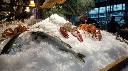 Poster - A market scene with fresh seafood displayed on crushed ice, including fish, crabs, and shrimp, with a busy shopping atmosphere. 