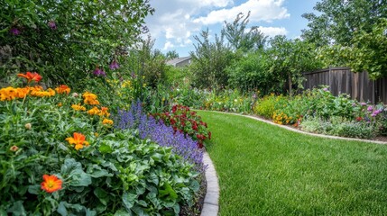 Poster - A mixed garden featuring rows of vegetables bordered by blooming flowers in a backyard setting. 