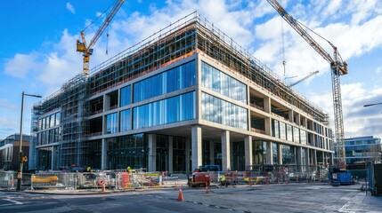 Poster - A modern commercial building under construction, surrounded by cranes and scaffolding. 
