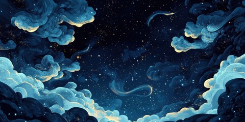 Wall Mural - Stylized celestial scene features swirling clouds and starry sky