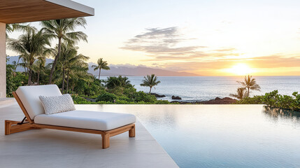 Wall Mural - serene beach sunset with poolside lounge chair overlooking ocean