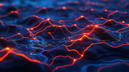 Wall Mural - An illuminated digital map showcasing glowing waypoints and topography lines over a 3D landscape.
