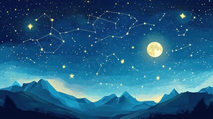 Wall Mural - Night sky over mountains filled with constellations and moonlight