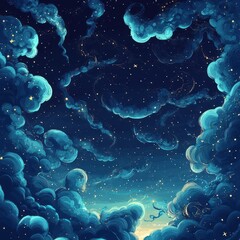 Poster - Dreamy night sky with fluffy clouds and twinkling stars