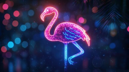 Poster - A neon flamingo party sign featuring a colorful design with glitter and glowing effects