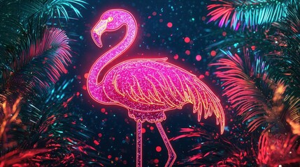 Poster - A neon flamingo party sign featuring a colorful design with glitter and glowing effects 
